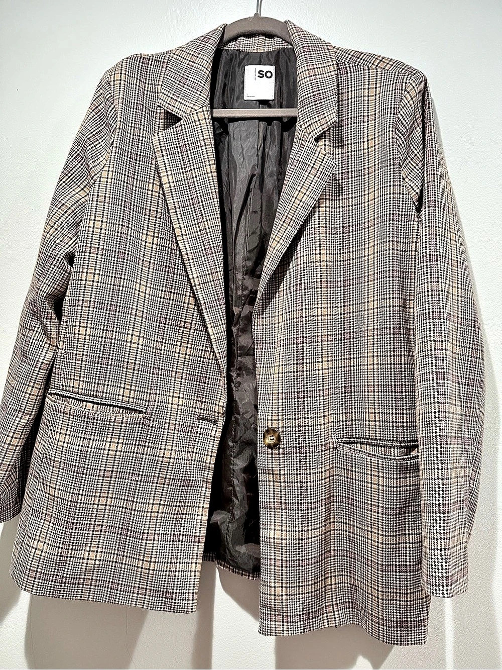So Oversized Woven Plaid Blazer Brown & Pink Large